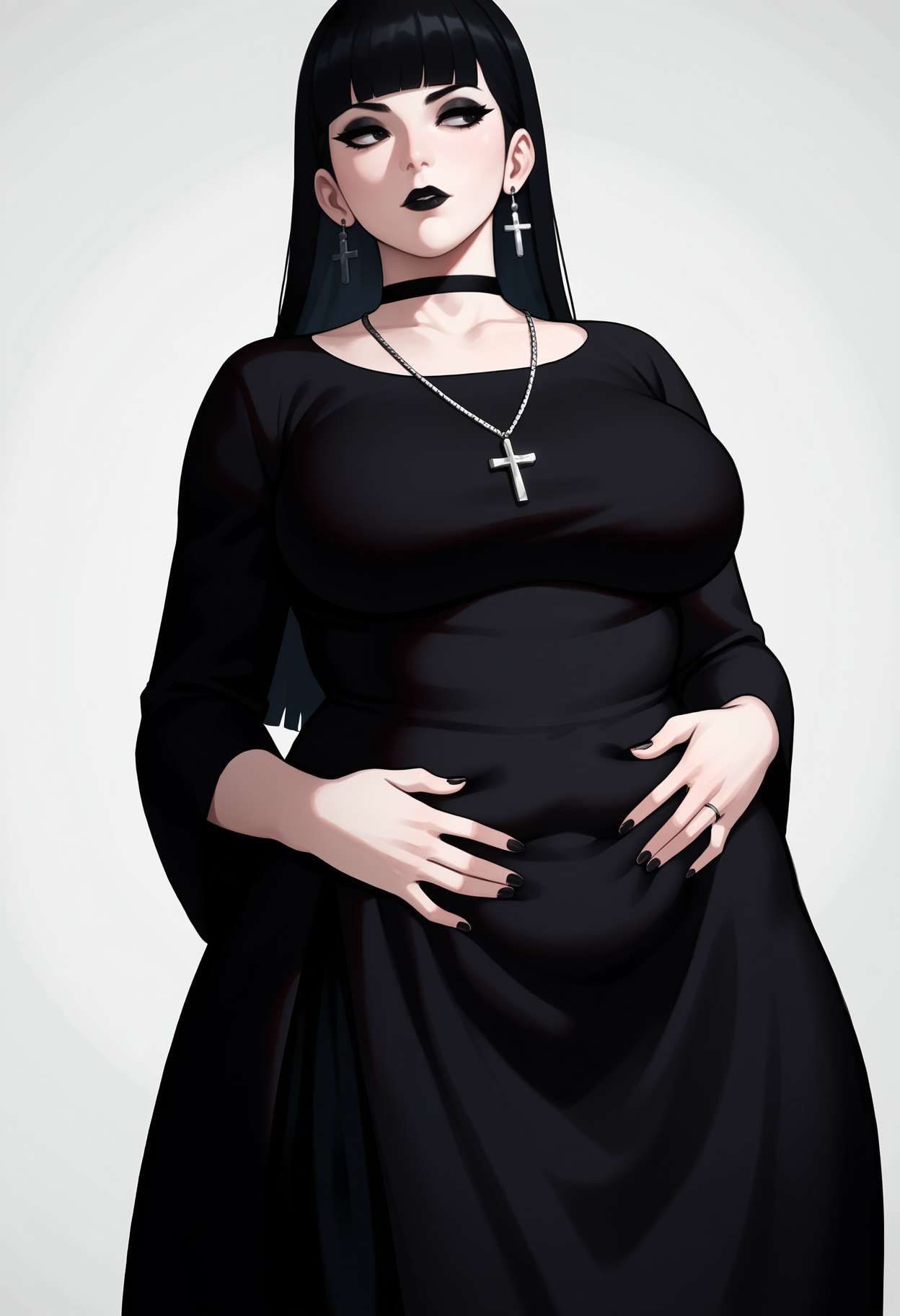 score_9,score_8_up,score_7_up,
BREAK
1girl, black hair, long hair, straight hair, blunt bangs, adult, mature, black eyes, long eyelashes, black eyeshadow, black lips, black choker, half-closed eyes, looking away, pale skin,
BREAK
solo, hands on stomach, large breasts, skinny, black dress, black long dress, cross necklace, cross earrings,
BREAK
white background, simple background, dynamic pose, dynamic angle, angled shot, <lora:Lunas-Forastero-SDXL-A1:1>