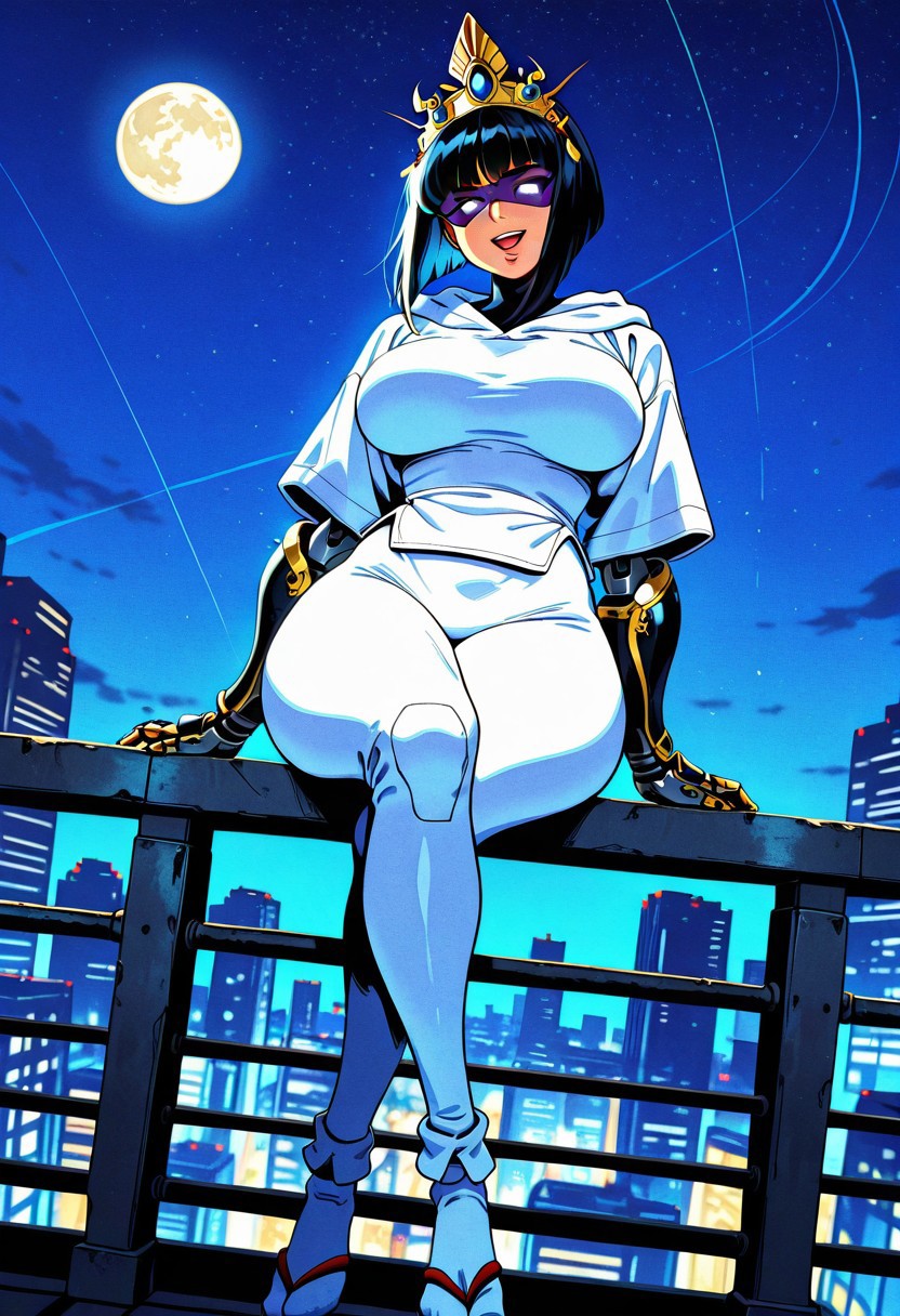 YakshaTNWOA, 1girl, solo, android, short hair, black hair, bob cut, bangs, crown, lips,  no iris, no pupils, glowing eyes, white eyes, mask, white ninja suit, white hoodie, large breasts, long mechanical arms, vambraces, mechanical hands, white pants, large butt, thick thighs, tabi,
,seductive pose, sexy pose, tease, 
masterpiece, best quality, fine details, intricate details, depth of field, subsurface scattering, bokeh,
 ultra-detailed, very aesthetic, detailed background, newest, scenery, highres, absurdres, colorful, vibrant, glowing, perfect face, 2d, perfect eyes,  vibrant saturated colors, volumetric lighting, sharp, detailed eyes, perfect anatomy,  perfect face, perfect eyes, mature body, clear eyes, beautiful eyes, athletic, curvy body, athletic girl, perky tits, perfect tits, round breasts, pinup pose, teasing, lustful expression, perfect hands, 
muscular female, dutch angle, 
cityscape, rooftop, outdoors, skyscrapers, railing, neon lights, detailed background, night, night sky, night time, starry sky, sitting on railing, moon, looking at viewer, arm rest, smirk, crossed legs, open mouth, full body, foreshortening,
,Smooth Negative, Smooth_Quality,
90s_anime_aesthetic, 1990s (style), retro_artstyle, retro, cyberpunk