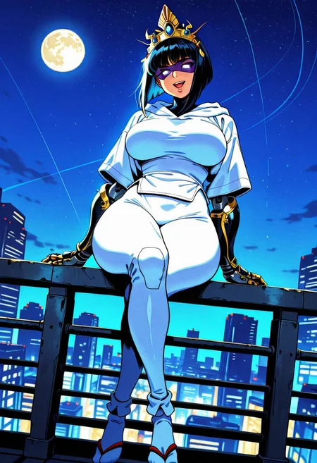 YakshaTNWOA, 1girl, solo, android, short hair, black hair, bob cut, bangs, crown, lips,  no iris, no pupils, glowing eyes, white eyes, mask, white ninja suit, white hoodie, large breasts, long mechanical arms, vambraces, mechanical hands, white pants, large butt, thick thighs, tabi,
,seductive pose, sexy pose, tease, 
masterpiece, best quality, fine details, intricate details, depth of field, subsurface scattering, bokeh,
 ultra-detailed, very aesthetic, detailed background, newest, scenery, highres, absurdres, colorful, vibrant, glowing, perfect face, 2d, perfect eyes,  vibrant saturated colors, volumetric lighting, sharp, detailed eyes, perfect anatomy,  perfect face, perfect eyes, mature body, clear eyes, beautiful eyes, athletic, curvy body, athletic girl, perky tits, perfect tits, round breasts, pinup pose, teasing, lustful expression, perfect hands, 
muscular female, dutch angle, 
cityscape, rooftop, outdoors, skyscrapers, railing, neon lights, detailed background, night, night sky, night time, starry sky, sitting on railing, moon, looking at viewer, arm rest, smirk, crossed legs, open mouth, full body, foreshortening,
,Smooth Negative, Smooth_Quality,
90s_anime_aesthetic, 1990s (style), retro_artstyle, retro, cyberpunk