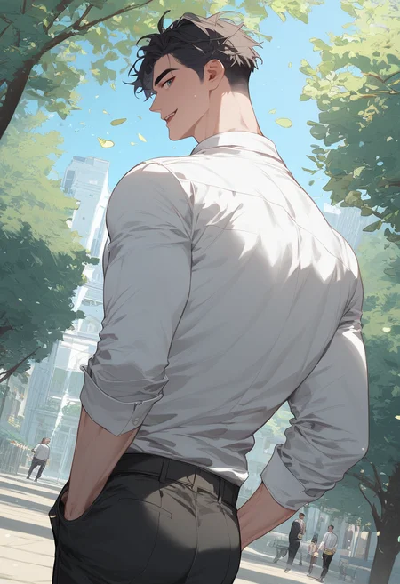 score_9,score_8_up,score_7_up,1boy,solo,yaoi,bara,male focus,fairly nsfw,uncersored,highres,best quality,amazing quality,best aesthetic,absurdres,<lora:add-detail-xl:1>,<lora:Expressive_H:1>,Expressiveh,<lora:define_relationship:0.5>,hands in pockets,white shirt,black pants,looking back,dutch angle,wind, park, spring,