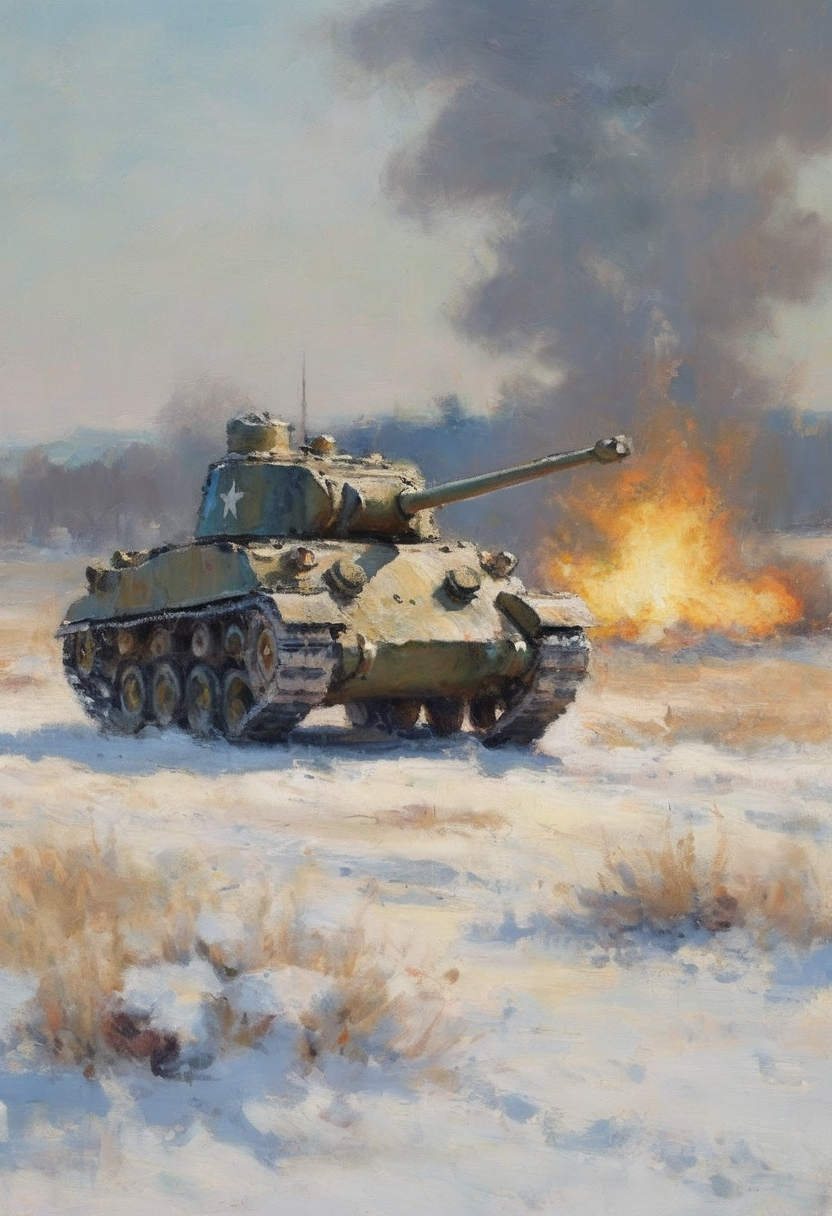 impressionist painting of a sherman tank on a flat winter field with distant explosions old world war scene