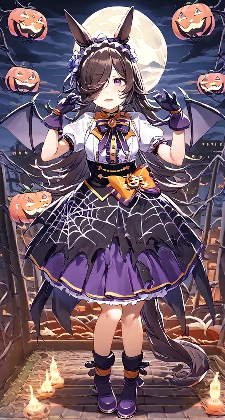 score_9,score_8_up,score_7_up,
official art,official style,game cg,megami magazine,
1girl,
rcs race,rice shower (umamusume),
rcs muv,rice shower (make up vampire!) (umamusume),rice shower (umamusume),
animal ears,bangs,bat wings,black bow,black bowtie,black skirt,
blue flower,blue rose,blush,boots,bow,bowtie,brooch,brown hair,
center frills,collared shirt,dress,eyebrows visible through hair,
flower,frilled hairband,frills,gloves,hair flower,hair ornament,hair over one eye,
hairband,halloween,high-waist skirt,horse ears,horse girl,horse tail,
jewelry,layered skirt,long hair,official alternate costume,orange bow,
puffy short sleeves,puffy sleeves,purple bow,purple eyes,purple footwear,purple gloves,
purple hairband,purple skirt,rose,shirt,short sleeves,skirt,spider web print,tail,violet eyes,white shirt,
standing, full body,
<lora:umamusume_rice_shower_pony_v1:1>,