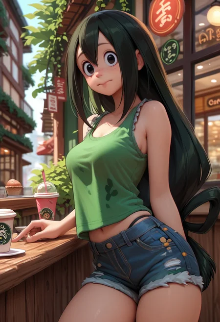 ZPDXL3, score_9, score_8_up, score_7_up, score_6_up, score_5_up, score_4_up, 
1girl, medium breasts, 
skindentation, short shorts, thong, loose shirt, tank top, 
cafe, 
mhatsuyu,