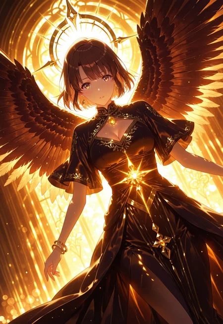 safe_pos, safe_pos, Dynamic pose, dutch angle, (close up shot), cinematic framing, (digital painting:0.8), (aura:0.2), mythp0rt, bokeh, (luminescent background:0.8),
elegant, masterpiece, best quality, highly detailed, high contrast, dramatic shadows, raytracing,
golden gates in the background, elegant high slit white and gold dress, intricate embroidery, cleavage, golden jewelry, massive wings, glowing golden halo, divine light, feathers floating in the air, divine pose, heavenly atmosphere, looking at viewer,
(solo), 1girl,Megumi <lora:IL-KatoMegumi:0.8>,brown hair,katou megumi,brown eyes,medium breasts,short hair, ((detailed eyes))