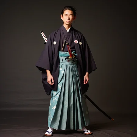 <lora:Hakama_-_Panache:1>pattern hakama, samurai, bushido, kimono, vintage photo, katana, wazikashi, kataginu, tabi, grand, ornate, top knot, score_9,score_8_up,score_7_up, <lora:Dramatic Lighting Slider:1>