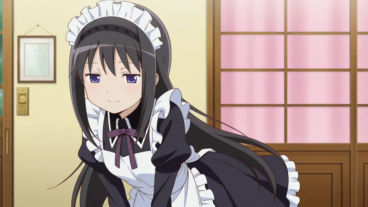solo, cowboy shot, smile,, masterpiece, best quality, amazing quality, very aesthetic, absurdres, newest, anime screencap, <lora:checkpoint-e18_s792:1>, akemi homura, black hair, long hair, purple eyes, hairband, black hairband, sidelocks,, maid, maid apron, frills, frilled dress, black dress, maid headdress, modern house,