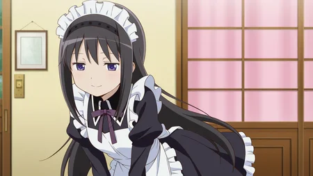 solo, cowboy shot, smile,, masterpiece, best quality, amazing quality, very aesthetic, absurdres, newest, anime screencap, <lora:checkpoint-e18_s792:1>, akemi homura, black hair, long hair, purple eyes, hairband, black hairband, sidelocks,, maid, maid apron, frills, frilled dress, black dress, maid headdress, modern house,