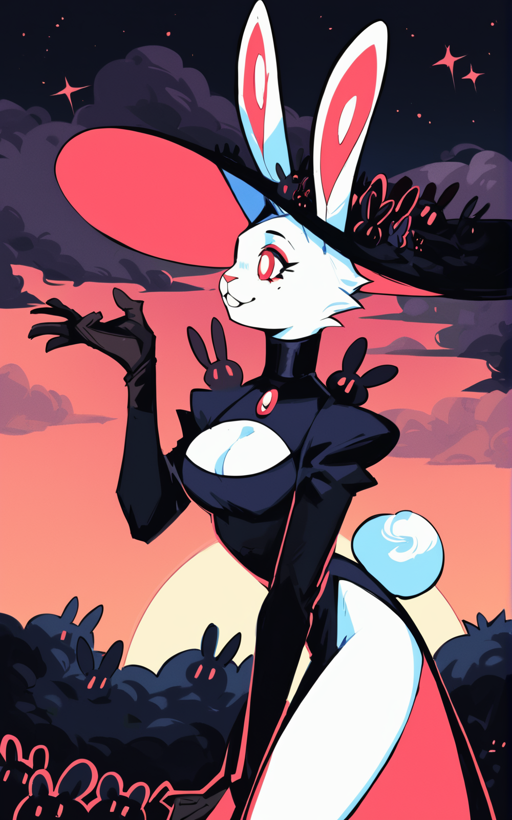 score_9, score_8_up, score_7_up,((best quality)), absurdres, <lora:BolivanteStyle:0.8>,  <lora:BunWitchPXL:0.8>,BunWitchPXL,hat, black dress, dress, cleavage, clothing cutout,side slit, black headwear,rabbit tail,cleavage cutout,long sleeves,red eyes, gloves,black gloves,black footwear, rabbit ears,furry, rabbit, rabbit girl, furry female, long dress,white fur, ears through headwear, animal nose,slim, moon, side view, night, black sky, clouds,smile