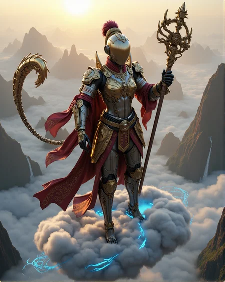score_9, score_8_up, score_7_up, source_realistic, hyper-realistic details, ultra-HD textures, high quality v3, masterpiece, Fantasy detailers,aidmaMJ6.1
A steampunk female faceless cyborg mannequin reimagined as Wukong, the legendary Monkey King, standing on a cloud high above the sky. Her sleek metallic body is adorned with intricate brass and copper engravings, exposed gears, and flowing energy lines resembling ancient calligraphy. A long, mechanical tail, reinforced with golden plating and segmented like a chain, moves with agility behind her. She wears luxurious oriental royal samurai-inspired armor, featuring a red and gold embroidered robe layered over plated shoulder guards, intricate leather straps, and a high-collared chest piece adorned with dragon motifs.
In her hands, she wields a long steampunk staff, its segmented brass body extending and contracting with intricate rotating gears and glowing runes along its surface. Her faceless head reflects the golden sunlight as she soars above distant mountaintops.
- Towering mist-covered mountains stretch below, with waterfalls cascading into the clouds.
- The sky is filled with soft golden hues as the sun pierces through layers of swirling mist.
- Ethereal blue energy trails behind her cloud, leaving glowing lines in the air.
- A stunning fusion of Chinese mythology and intricate steampunk craftsmanship.
- Hyper-detailed rendering of metallic textures, flowing fabric, and glowing energy effects.
- A dynamic composition, capturing movement, divine power, and a legendary warrior’s fearless spirit.