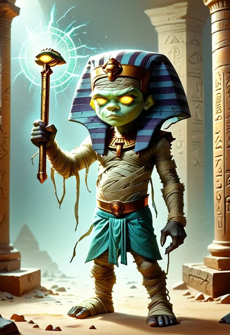 1boy, solo focus, Green Skin, Yellow Eyes, Egyptian Headdress, Mummy, Bandages, Loincloth, holding a staff, egyptianworld, dark aura, dark tomb, ancient Egyptian hieroglyphics, Glowing Runes, dr4maticessence, dramaticessence,