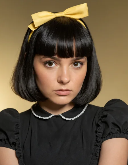 portrait, masterpiece, 4k, ray tracing, intricate details, highly-detailed, hyper-realistic, 8k RAW Editorial Photo.
1girl, solo, blush, short hair, simple background, shirt, black hair, dress, bow, closed mouth, upper body, hair bow, hairband, blunt bangs, black dress, black eyes, black shirt, looking to the side, bob cut, yellow background, yellow bow, pinafore dress, yellow hairband, Flatline,
cinematic light, dramatic light, shallow depth of field, high budget, bokeh, cinemascope, film grain,
