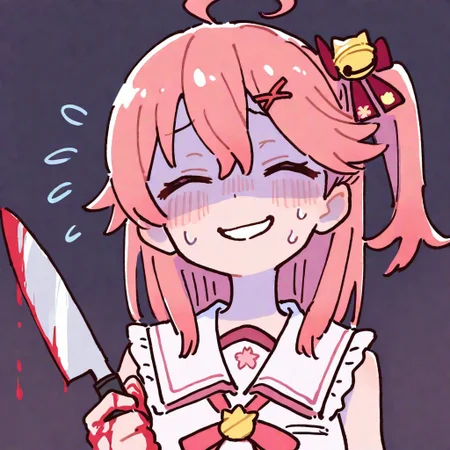 masterpiece, best quality, good quality, very awa, firedotinc, 1girl, solo, sakura miko, hololive, virtual youtuber, blush, yandere, holding knife, blood on knife, blood on hands, ^ ^, sweatdrop, flying sweatdrops, nervous sweating, nervous smile, pastel colors, yume kawaii, heisei retro, pale color, <lora:ai_styles_collection_noob_vpred-1.0-v4.02:1>