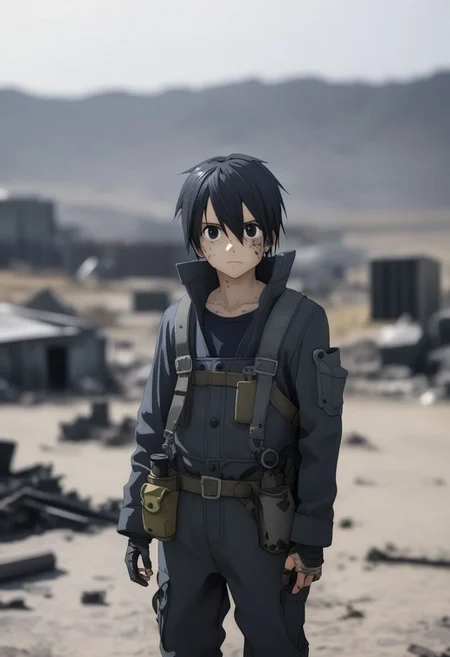 high resolution, professional photography, best quality, 1Boy, Kirigaya Kazuto, Black Hair, Black Eyes, overalldetail, shallow depth of field, Post-Apocalyptic, survival