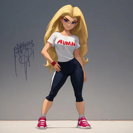 Expressiveh, score_9, score_8_up, score_7_up, score_6_up, score_5_up, score_4_up,Nike outfit, looking at viewer,(full body:1.1)dynamic pose, a girl with her one hand on hips in front of a wall, (graffiti wall incription:just do it),(no people:1.1),<lora:TorunnPony2.0:0.9> torunn,long hair, blonde hair, solo, blue eyes,smile,1girl,collarbone,tall,fit,musclar arms,hourglass figure, earrings, sneakers, (simple background:1.2) ,incription on shirt :nike in<lora:clothesUpdate:0.7>