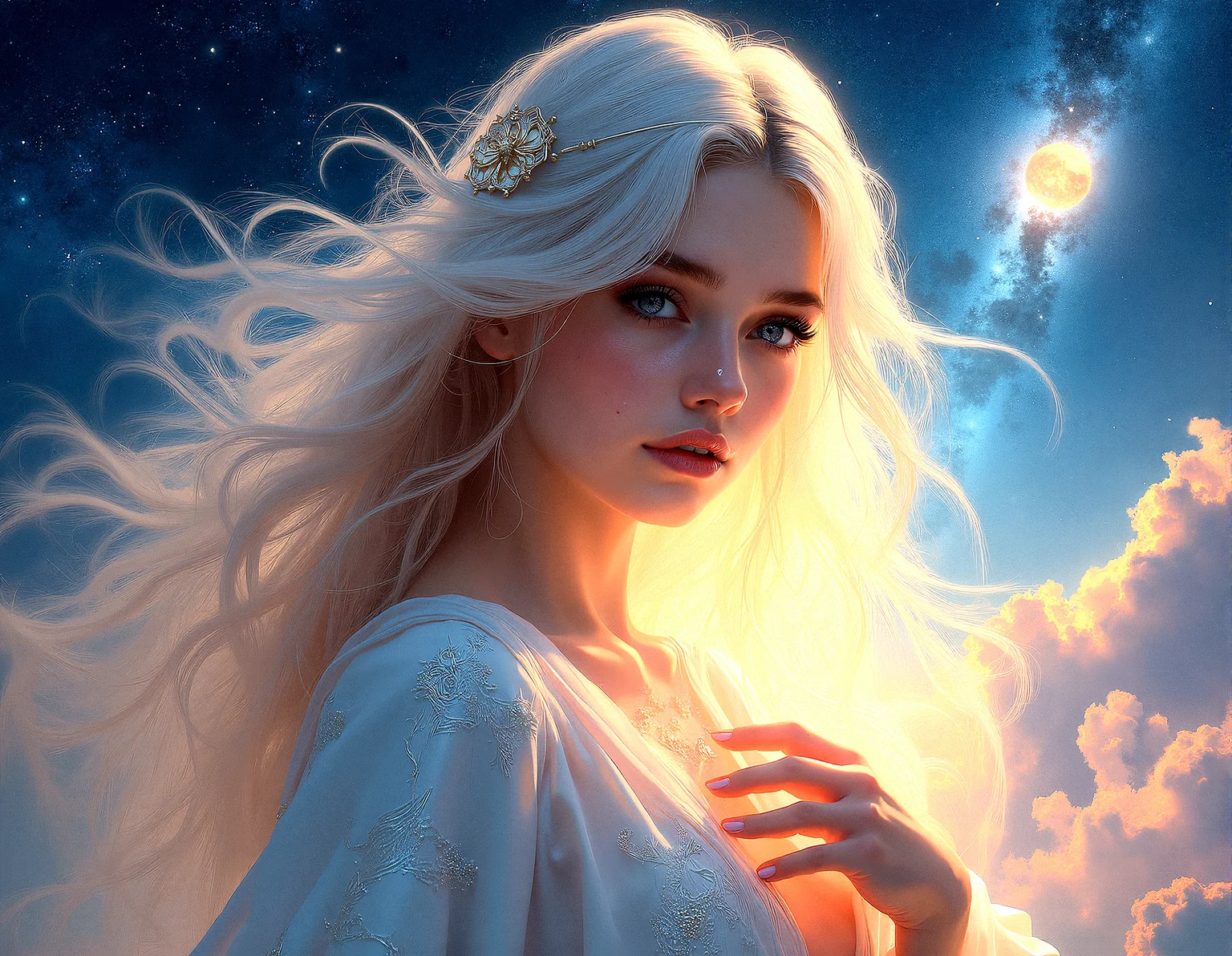 A breathtaking celestial maiden with flowing hair that cascades like a waterfall of light, each strand shimmering with the colors of the cosmos. Her ethereal beauty is highlighted by a soft, luminous glow that radiates from her porcelain-like skin, casting a gentle light on everything around her. Her expressive eyes are deep and mesmerizing, reflecting the stars and galaxies that surround her. She wears elegant robes that ripple and flow as if made from stardust, with intricate patterns woven into the fabric, glowing faintly. The background is a vast expanse of space, filled with vibrant nebulae, swirling galaxies, and twinkling stars, creating a magical atmosphere. Soft lighting and high contrast emphasize the details in her hair, robes, and delicate features. The illustration is a masterpiece of fantasy art, with shimmering effects that add to the sense of wonder and otherworldly beauty, all rendered in high resolution for stunning clarity.A delicate veil of light drapes over her, softening her appearance and blending her more into the cosmic backdrop.A soft aura of light surrounds her, blending her with the cosmic environment and enhancing her divine presence.A distant eclipse occurs in the background, with one celestial body passing in front of another, casting dramatic shadows.One hand resting gently over her heart, her expression tender and full of emotion, as if feeling a deep connection to the universe.