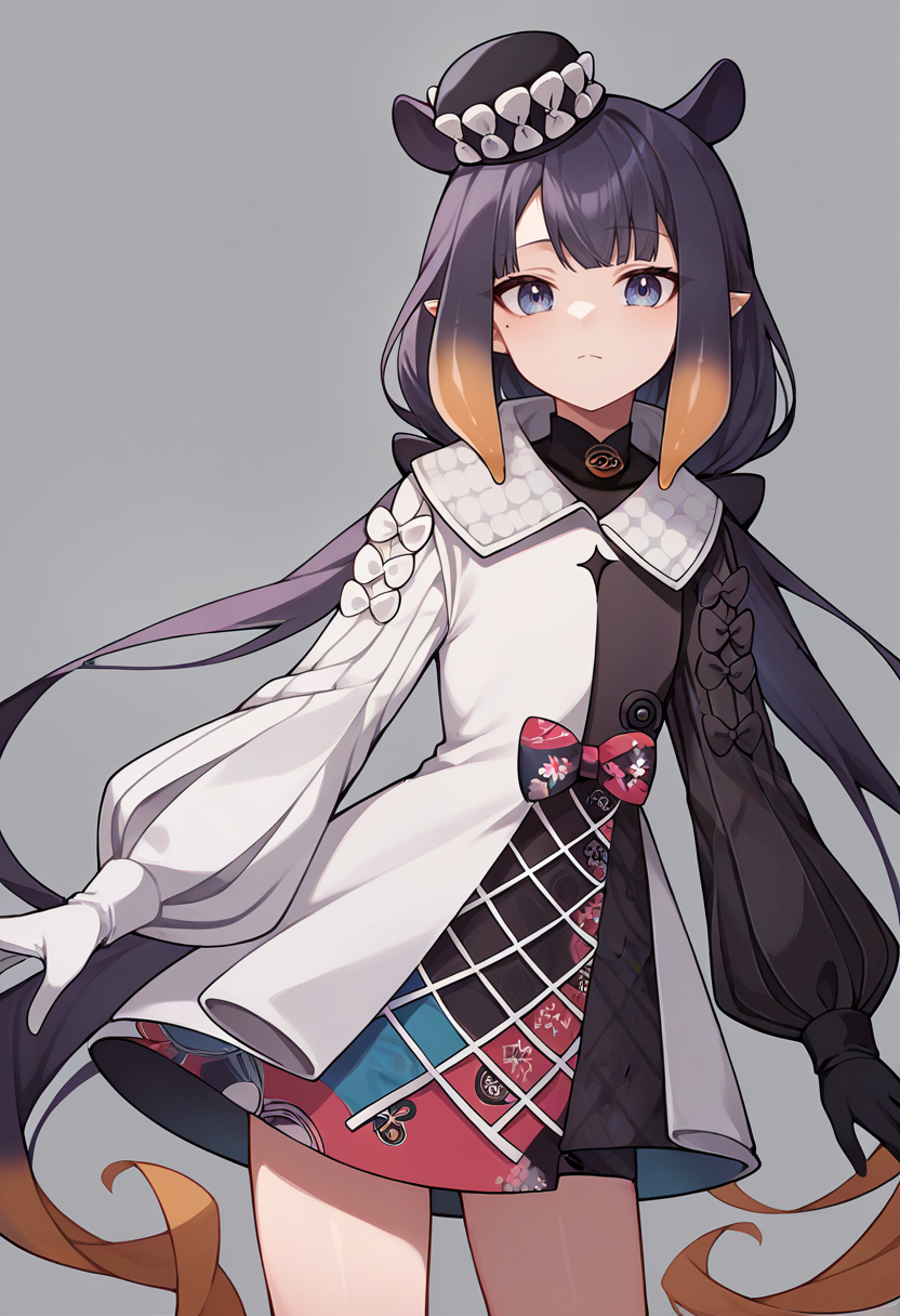 score_9,score_8_up,score_7_up,score_6_up,score_5_up,score_4_up,
1girl, ninomae ina'nis, virtual youtuber, flat chest, mismatched sleeves, asymmetrical sleeves, puffy long sleeves, black glove, white glove, white coat, black hat, tilted hat, mini hat, print dress, floral print, bow, mole under eye,very long hair, low twintails, tentacle hair, pointy ears,
solo, cowboy shot, simple background, grey background, closed mouth, looking at viewer, standing,
<lora:inaponyxl9:1>