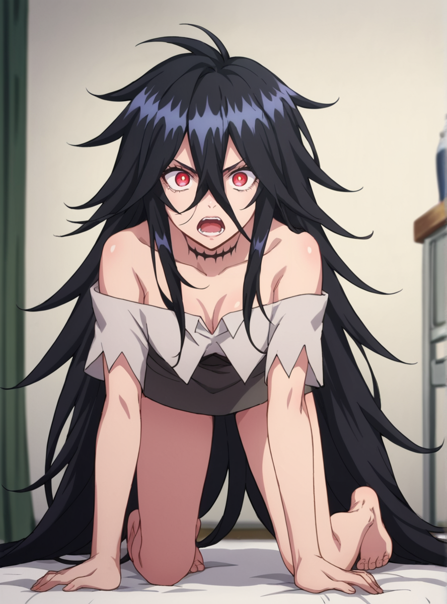 score_9, score_8_up, score_7_up, score_6_up, score_5_up, score_4_up , source_anime  anime screencap, <lora:SoldierXX:0.8>soldierxx, long hair, black hair, solo, 1girl, hair between eyes, red eyes, messy hair, collarbone, off shoulder, barefoot, very long hair,indoors, angry, open mouth,all fours, bent over,