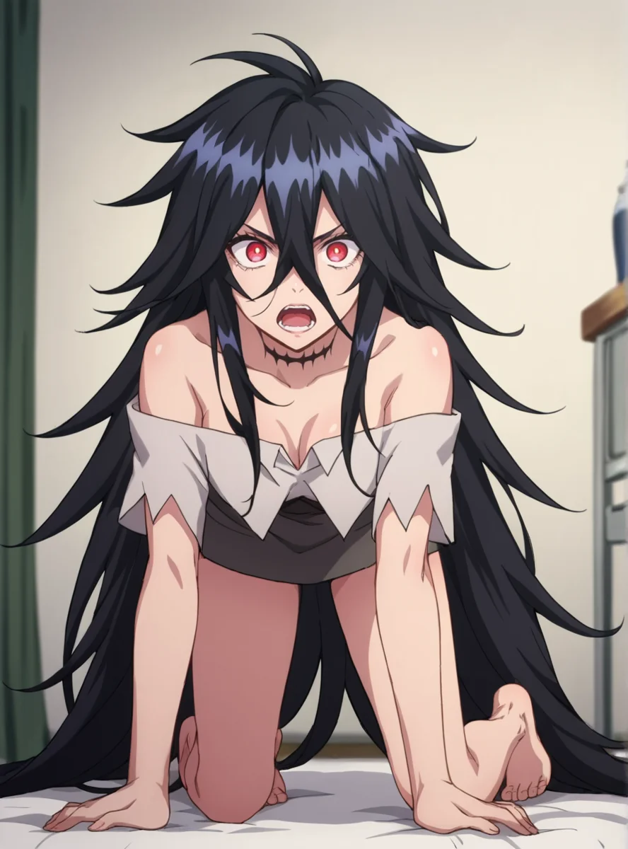 score_9, score_8_up, score_7_up, score_6_up, score_5_up, score_4_up , source_anime anime screencap, <lora:SoldierXX:0.8>soldierxx, long hair, black hair, solo, 1girl, hair between eyes, red eyes, messy hair, collarbone, off shoulder, barefoot, very long hair,indoors, angry, open mouth,all fours, bent over,