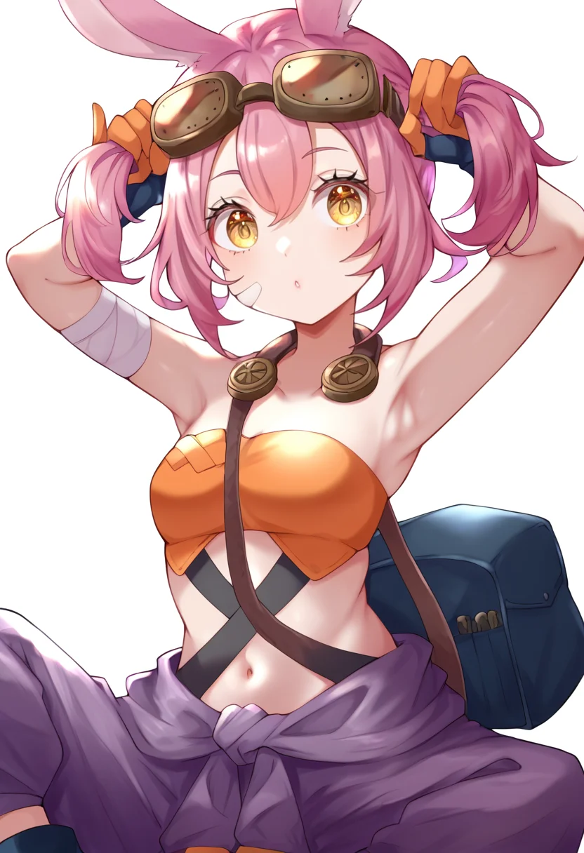 (score_9:0.9),score_8_up,score_7_up,anime style,rating_safe,(zPDXL),<lora:Tri-brigade kitt ponyXL v2:0.8>,goggles on head,tri-brigade kitt,ordinary clothes,Black boots,orange gloves,1girl,solo,rabbit ears,sitting,white background,simple background,looking at viewer,armpits,holding short twintails,wearing bag,