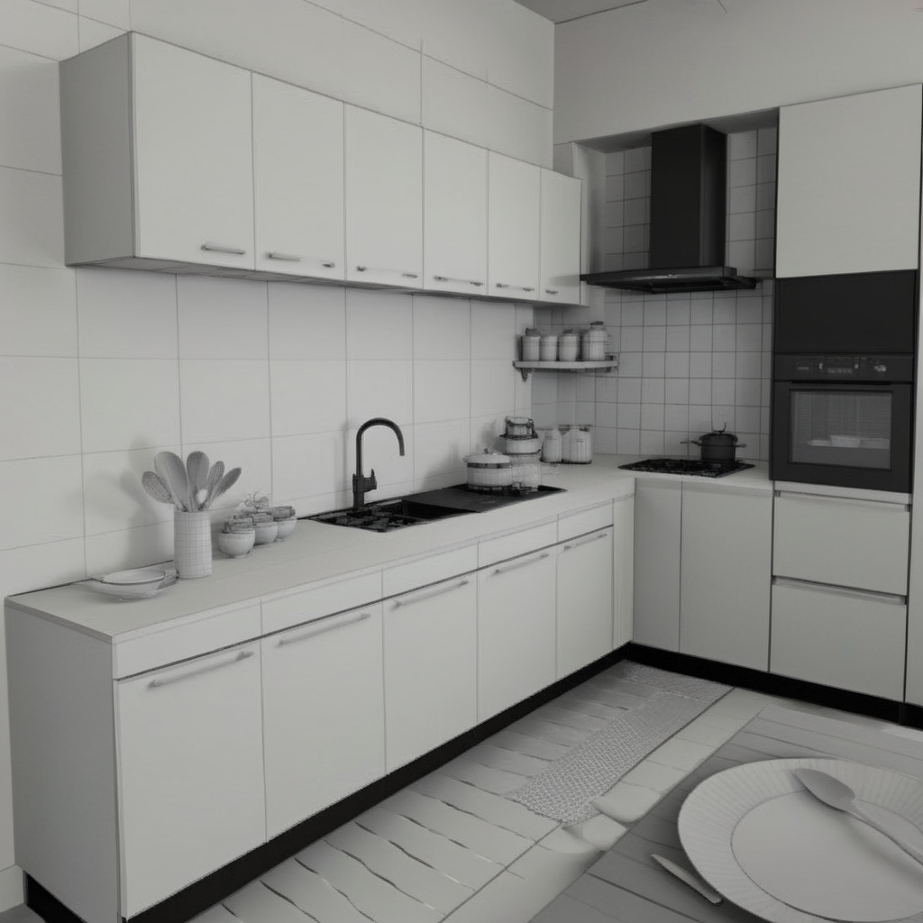 <lora:3dpolygonStyle:1>,3dm,monochrome,grey  grid color matching,Create a 3D animation style image of a kitchen