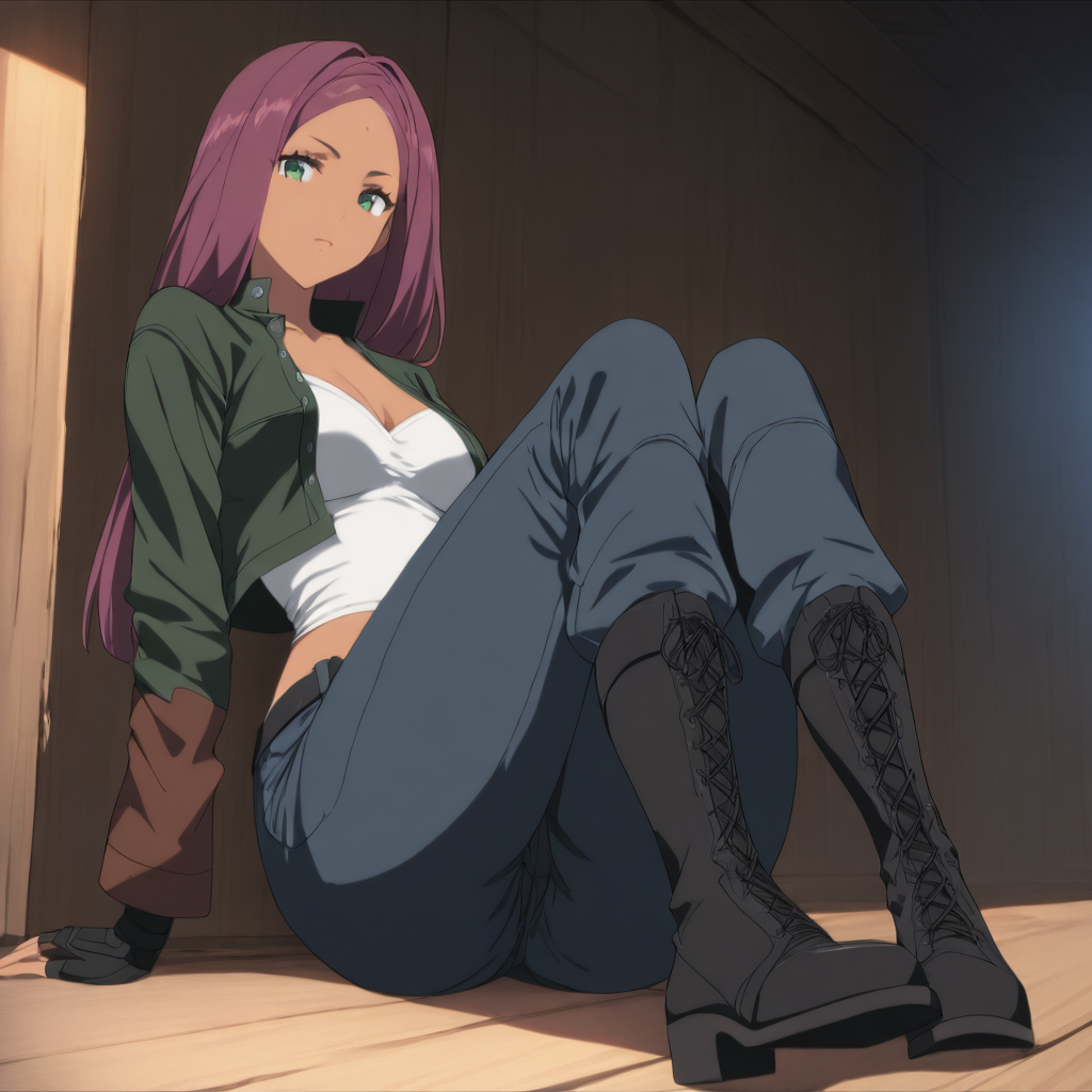 1girl,solo,looking at viewer,masterpiece,high score,great score,absurdres,<lora:Lan_tmwg ag4o v1:1> lantmwg, purple hair, long hair, green eyes, dark skin,boots,