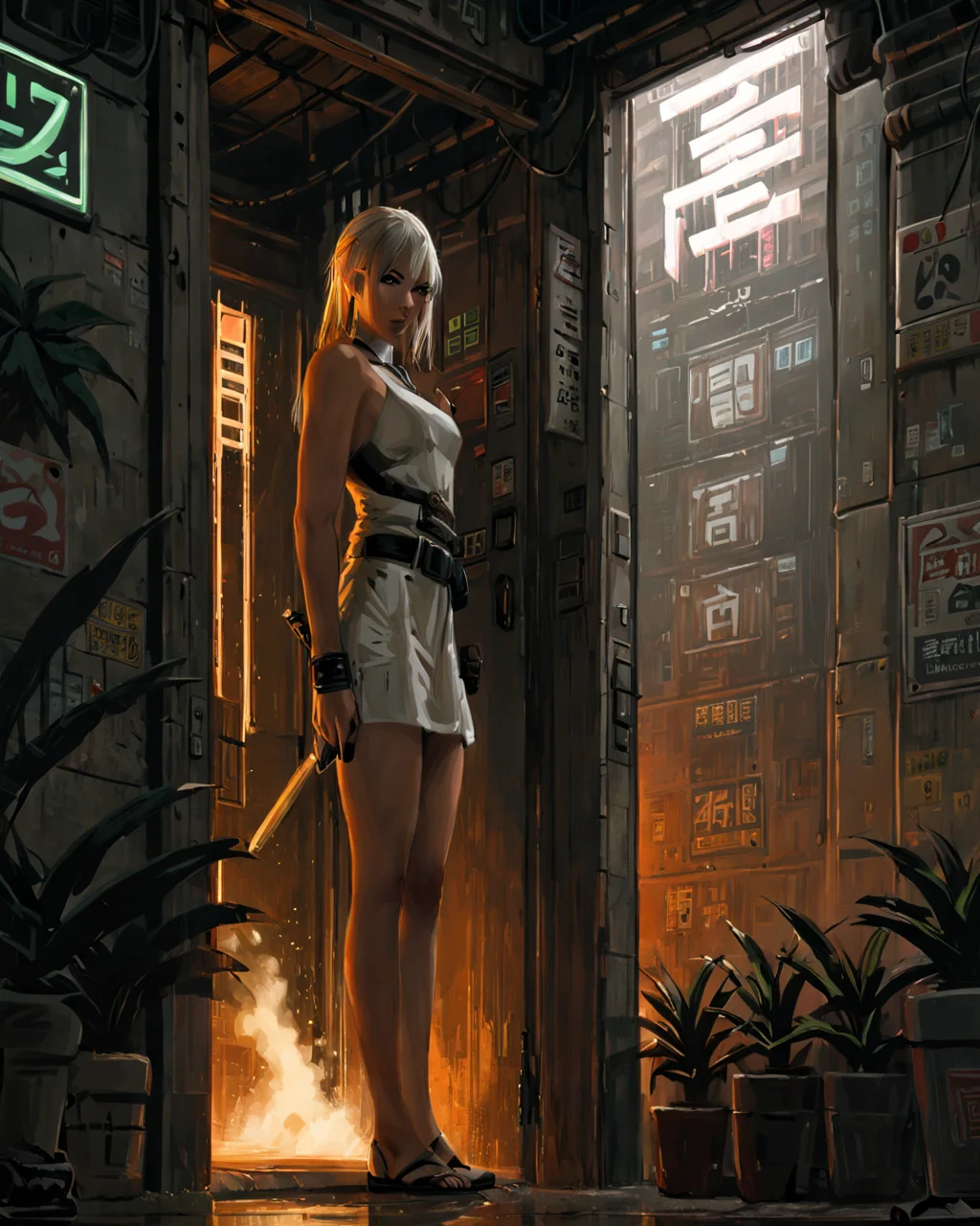a woman standing in a doorway of a building with a plant in the background and a sign on the door, Atey Ghailan, gloomy atmosphere, cyberpunk art, context art
sword, 1girl, solo, upper body, looking at viewer, white background, bob cut, long blonde hair, multicolored hair, makeup, parted lips, eyeliner, <lora:guweiz:0.8>
epic realistic, (dark shot:1), 1girl, ninja floating, textured clothing,
smoke, (((sandstorm))), (flying stone), (((dust explosion:1))), wind,
blonde hair, smile, shy smile, high heels, earring, collar, (white dress:1.5),
(masterpiece, high quality, best quality:1.3), (natural shadows, detailed shadows:1.5), (hyperrealism, soft light, sharp),
detailed eyes, detailed hair, detailed skin, 8k, (cinematic look:1.4), insane details, intricate details, hyperdetailed <lora:JuggerCineXL2:0.7>