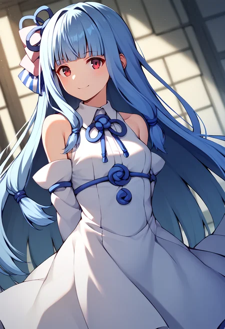 score_9, score_8_up, score_7_up, score_6_up, score_5_up, score_4_up, source_anime,
BREAK,
<lora:kotonoha_aoi_ponyXL_v1:1> kotonoha aoi, long hair, blue hair, ribbon, red eyes, blunt bangs, sidelocks, white dress, detached sleeves, looking at viewer, smile,  white background, arms behind back,