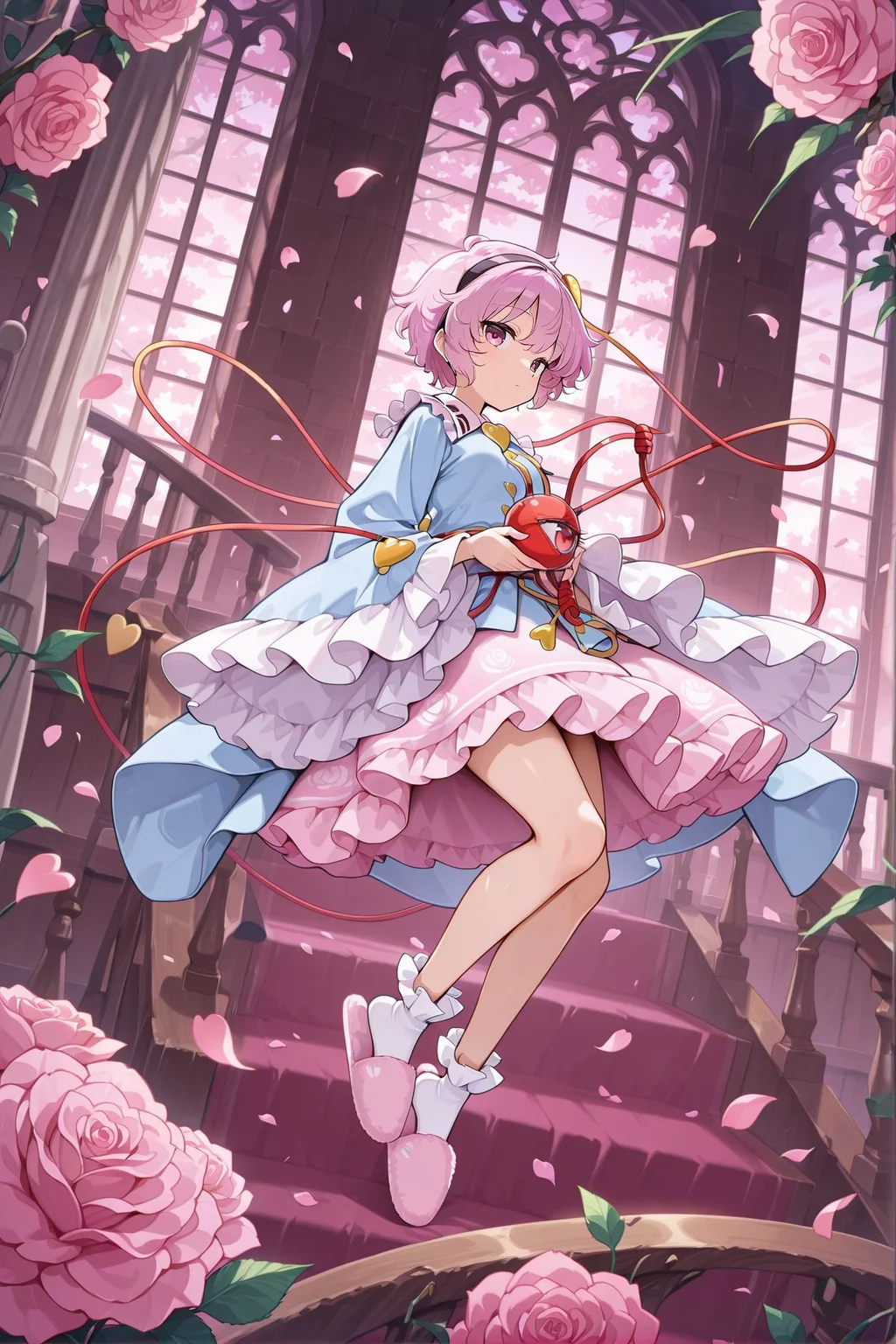 absurdres, highres, masterpiece, best quality, amazing quality, official anime artwork, screencap, anime screencap, looking at viewer, indoors, window, petals, dynamic pose, stairs,
<lora:Komeiji-Satori_IllustriousV2:1> komeiji satori, 1girl, solo, pink eyes, pink hair, short hair, third eye,, black hairband, heart hair ornament, blue shirt, long sleeves, frilled sleeves, wide sleeves, heart button, yellow buttons, pink skirt, frilled skirt, white socks, pink slippers, rose, flower, holding,
