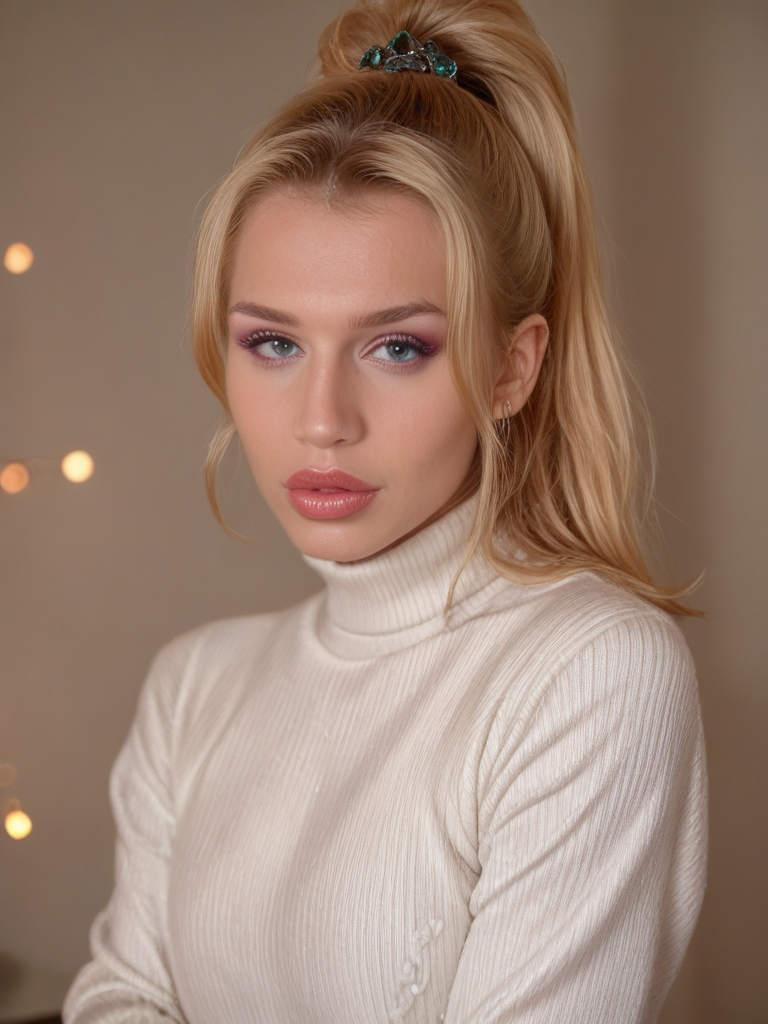 score_9, score_8_up, score_7_up, Danyelle3V4ngelista , Danyelle Evangelista,<lora:Danyelle3V4ngelista-000009-pony:1>, 1girl, makeup, lips, high ponytail hair, blonde hair, big lips, white sweater, solo, looking at viewer, bokeh, focus, film, velvia, artistic, best quality, photograph, focus