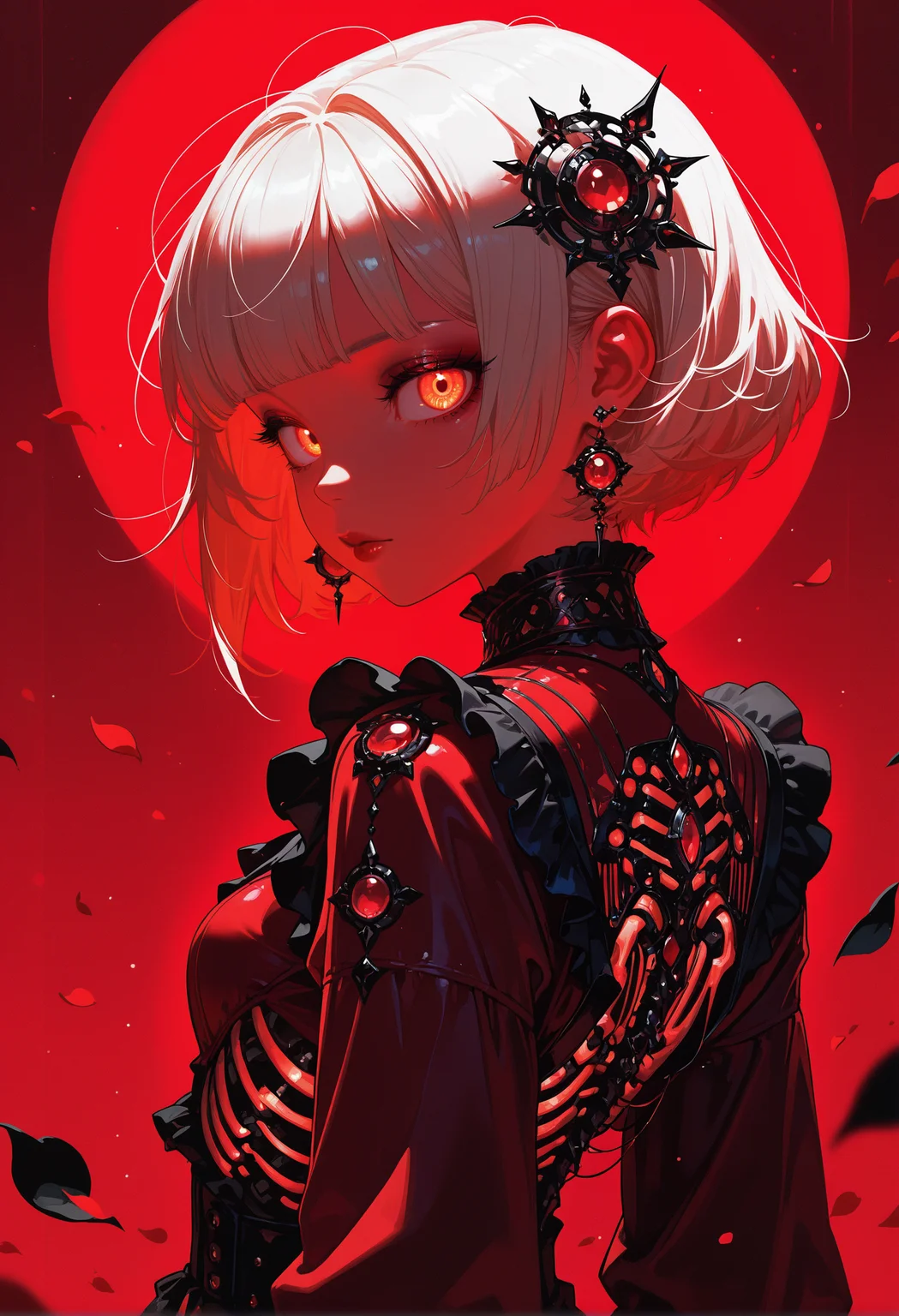 masterpiece, best quality, newest, highres, absurdres,focused subject,no lineart, no outline, 1girl, solo, looking at viewer, short hair, bangs, blonde hair, hair ornament, red eyes, long sleeves, dress, jewelry, closed mouth, upper body, white hair, earrings, frills, blunt bangs, lips, orange eyes, petals, eyelashes, makeup, glowing, red dress, lipstick, gem, glowing eyes, red background, red lips, red theme, ribs, mascara, (film grain),from side