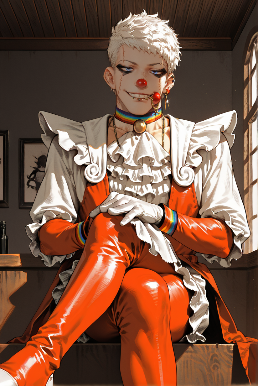 score_9, score_8_up, score_7_up,
 <lora:Versus_Style_Pony:0.7> versus_style 
 <lora:Gore_Versus_for_PonyXL:0.8> 1boy, g0re, solo, scar, piercing, jewelry, short hair, earrings, lip piercing, 
clown, clown nose, clown costume, smile, grin, juggling, sitting, indoors, crossed legs,