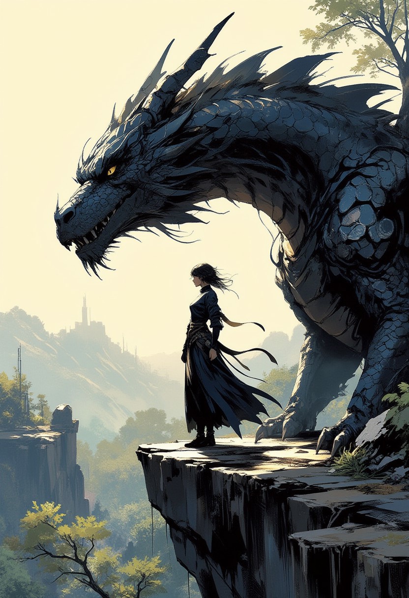 Special Ink-drawing mode, intricate linework with expressive contrasts, Mh1$AgThS2, Silhouette Art, magnificent, image of stunning japanese woman, dragon rider, wearing dragonscale armour, standing next to a magnificent black dragon at the top of a cliff overlooking a forested valley, directional sunlight