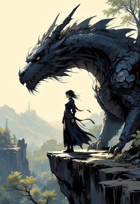 Special Ink-drawing mode, intricate linework with expressive contrasts, Mh1$AgThS2, Silhouette Art, magnificent, image of stunning japanese woman, dragon rider, wearing dragonscale armour, standing next to a magnificent black dragon at the top of a cliff overlooking a forested valley, directional sunlight