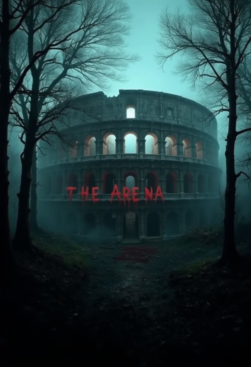 Horror movie scene, mist, forest of scariest trees a Colosseum can be seen, walls of the colosseum are filled with blood stains, text made with blood says The Arena, aidmaabdhr