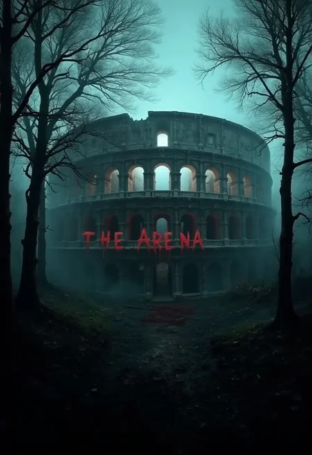 Horror movie scene, mist, forest of scariest trees a Colosseum can be seen, walls of the colosseum are filled with blood stains, text made with blood says The Arena, aidmaabdhr