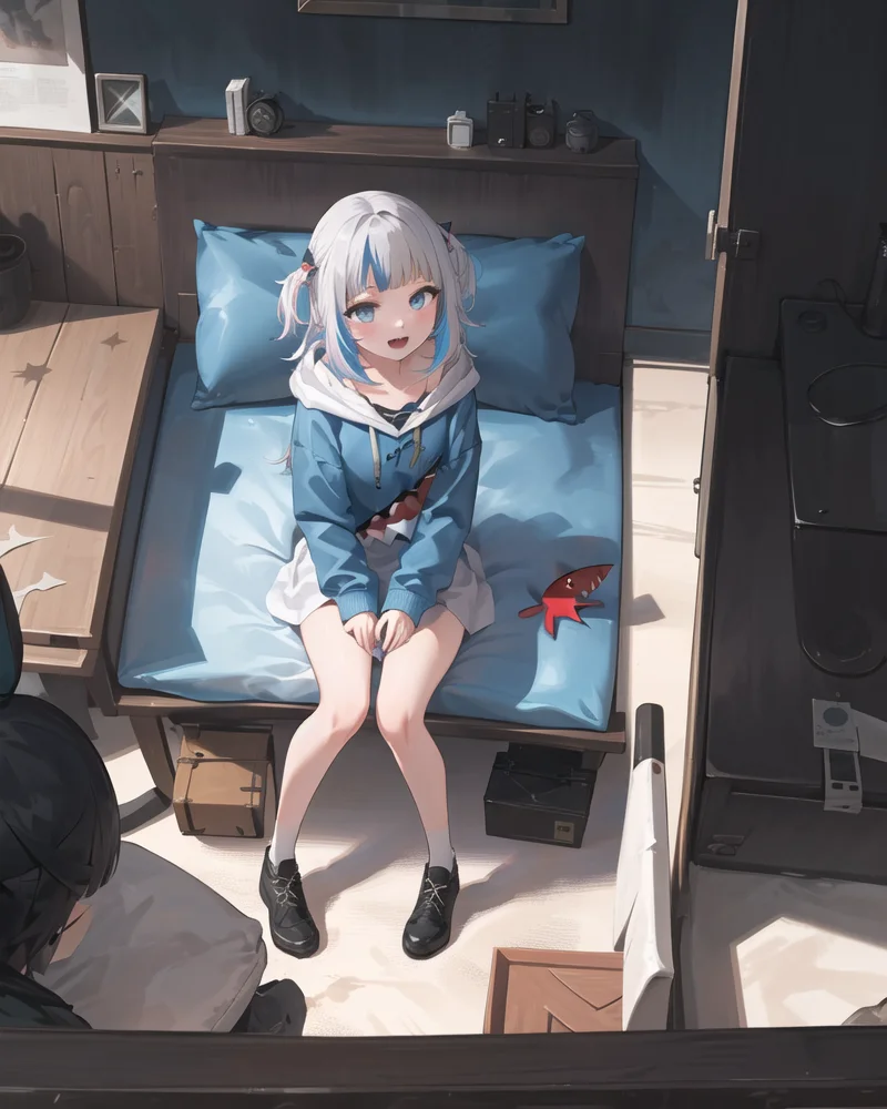 best quality,highly detailed,masterpiece,ultra-detailed,solo,(1girl),Delicate eyes,(white background:1.3),multicolored_hair, tail, virtual_youtuber, gawr_gura, sharp_teeth, v, blue_hair, fish_tail, streaked_hair, shark_tail, hoodie, teeth, shark_hair_ornament, blue_eyes, hood, hair_ornament, blunt_bangs, open_mouth, blue_hoodie, solo, two-tone_hair, two_side_up, letterboxed, bangs, long_hair,