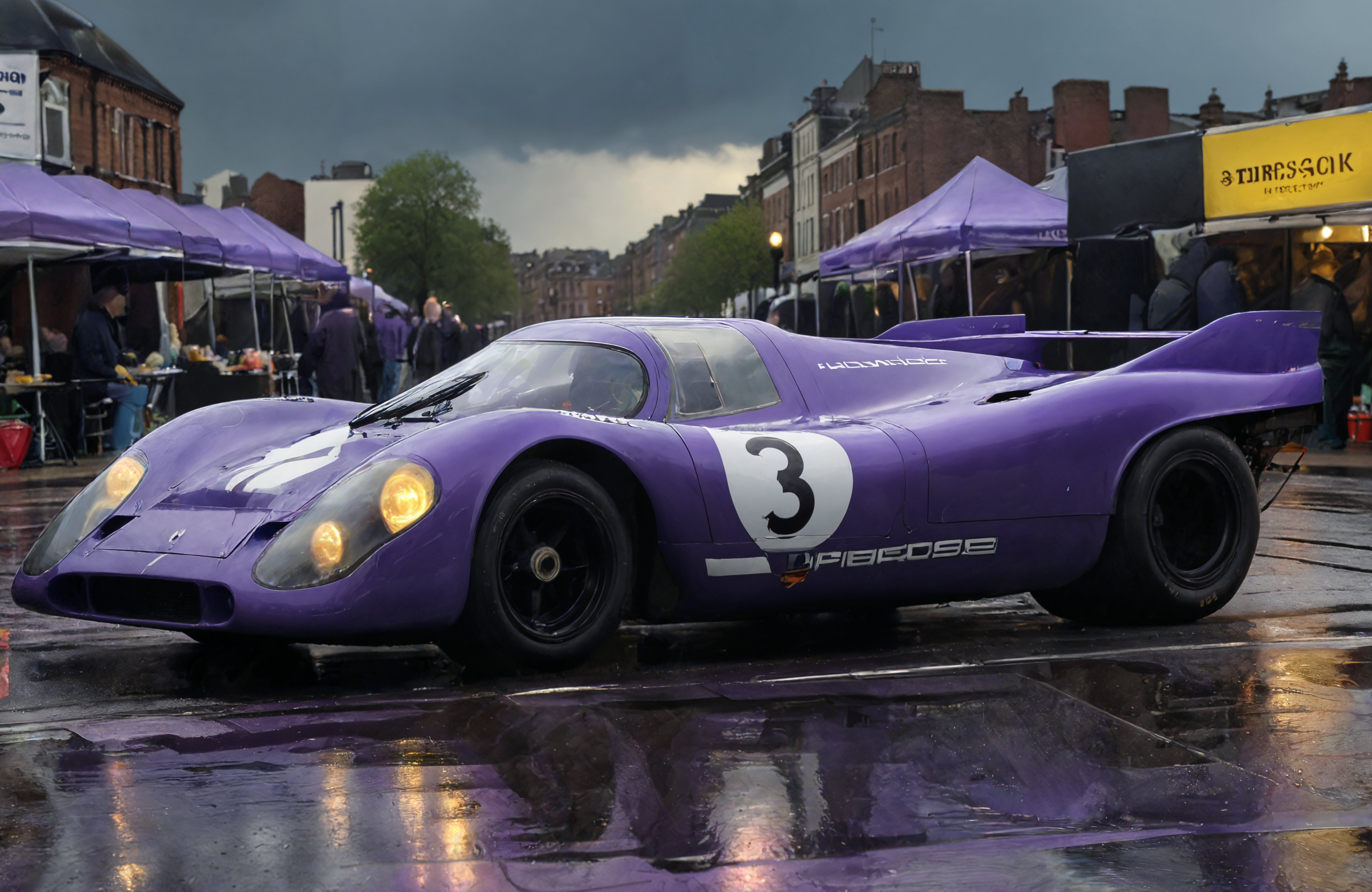 a photograph of a sports car, p0rsche9l7xl,     Stormy Weather: Dark clouds, lightning, and rain, adding tension and drama to the scene., Thistle Purple,  front view ,     A city square with pigeons, dark, low-key,   low color saturation, concept art, perfect composition, masterpiece, professional photography, zeiss lens, shot on dslr 64 megapixels, sharp focus, intricately detailed, dramatic, tilt shift, f/32,