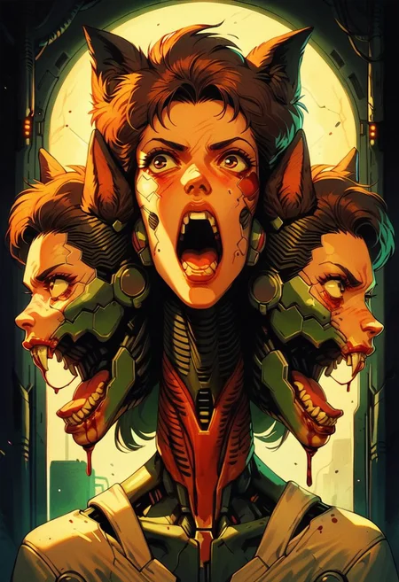score_9, score_8_up, score_7_up, score_6_up, 1girl, solo, cyberpunk, cyborg, halftone effect, retro artstyle, cerberus, human face, dog ears, ((three heads)), horror, blood,