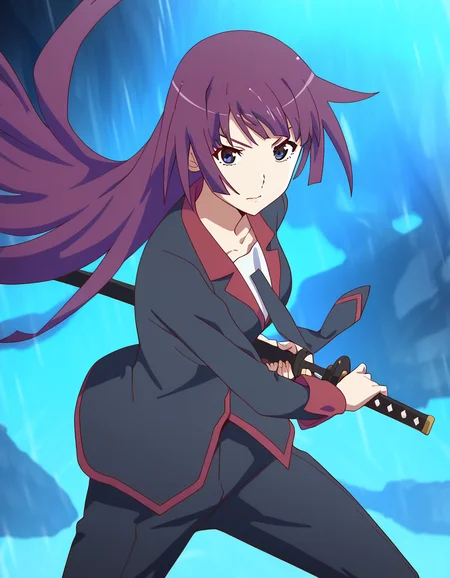 masterpiece, best quality, newest, absurdres, highres, safe,, <lora:hitagi-senjougahara-anime-ponyxl-lora-nochekaiser:1>, senjougahara hitagi, bangs, long hair, blue eyes, purple hair, medium breasts,  anime screencap, <lora:battoujutsu-stance-illustriousxl-lora-nochekaiser:1>, battoujutsu stance, looking at viewer, holding, weapon, sword, holding weapon, holding sword, standing, katana, sheath, sheathed, fighting stance, ready to draw, shirt, long sleeves, jacket, white shirt, necktie, collared shirt, pants, black jacket, floating hair, black pants, formal, suit, black necktie, black suit, pant suit,, ,