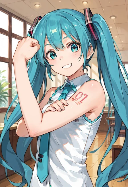 score_8, score_8_up, score_7_up, official art, source_anime, 1girl, solo, female focus, br_d_h, clenched hand, hand on own arm, Hatsune Miku, aqua hair, twintails, aqua eyes, necktie, collared shirt, sleeveless, tattoo, smile, looking at viewer, indoors, wallpaper