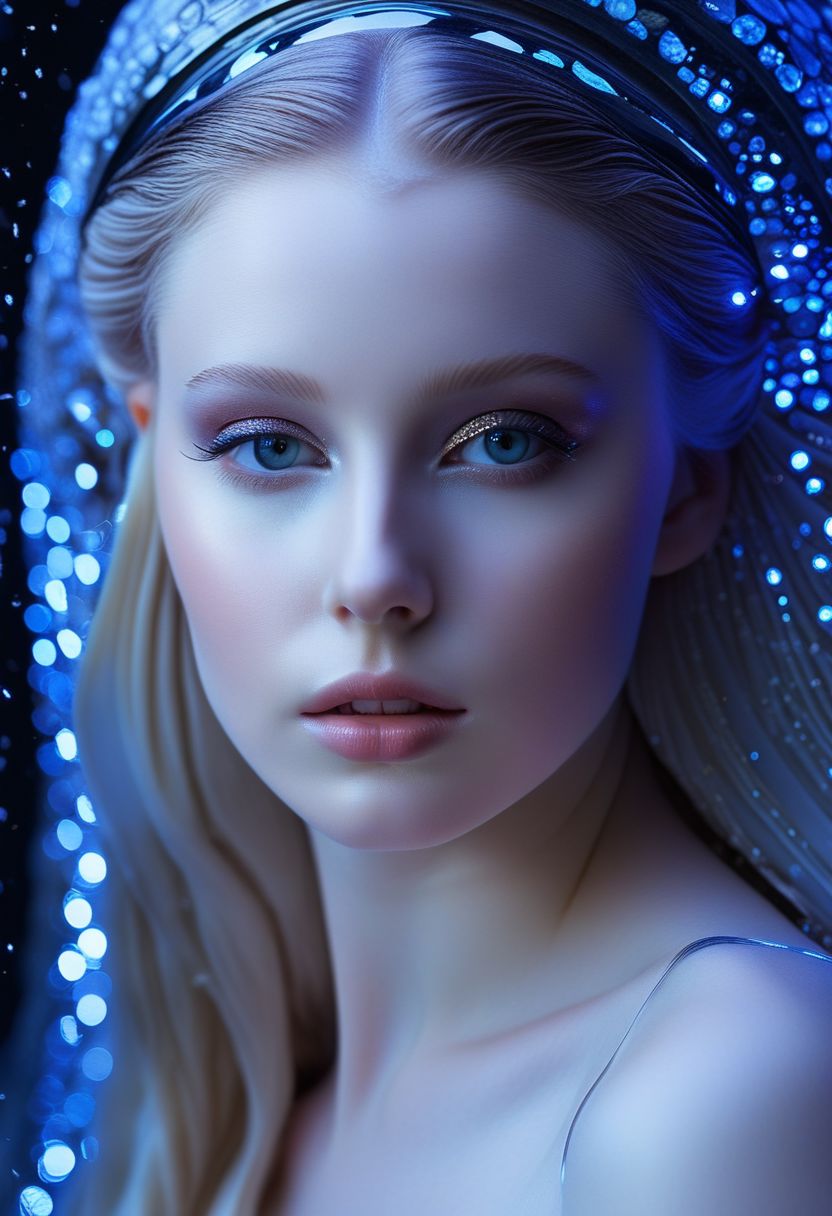 highest esthetic score, photo of a exquisitely beautiful pale skin  european 1girl, 20yo, modern implementation of sci-fi  "botichhelli The Birth of Venus" fantastic epic masterpiece, starlight falls on beautiful young face. Depth of field, insane details:1.4,  ultra detailed, absurdres, 1:280f Zeiss lens, long aperture, abalone shell, fiery opal, platinum, obsidian, dreamlike,