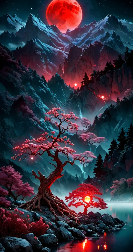 45 megapixel, he ethereal beauty of a mystical landscape under the red moonlight. The scene should be illuminated by a large, radiant moon, casting its glow upon a twisted, yet majestic tree with blossoms that seem to sparkle in the night. The treeâs roots should be deeply embedded into rocky terrain, symbolizing its ancient existence. In the background, towering mountains loom, their peaks veiled in mist. A serene lake at the foot of the mountains reflects the moonâs luminescence. Incorporate elements that evoke a sense of magic and mystery. <lora:bonex:1>