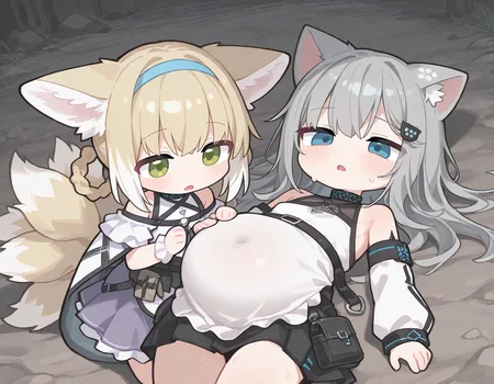 2girls, suzuran (arknights), nachoneko, full stomach, on back, general, chibi, inflation, 
(zankuro:0.2), wagashi \(dagashiya\), chen bin, very awa, very aesthetic, masterpiece, best quality, amazing quality, absurdres  <lora:ponyv6_noobV1_2_adamW:0.5> <lora:n_XLNBVP1lokrV6311P:0.2> <lora:748cmXLNBVP1lokrV6311PZ:0.2> <lora:ricotte2:0.2>   <lora:ER_SD:1>