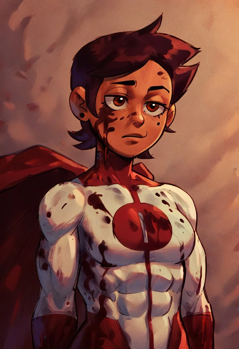 score_9, score_8_up, score_7_up
, masterpiece, beautiful,cold look, neutral expression, blood stain on face, blood stain on clothing,
Luz Noceda, brown hair, short hair, brown eyes, dark skin, medium breast, wide hips,
,Upper body,Omnimman,skintight suit, red O shaped chest emblem,red gloves, red cape, Muscle, flying, old japanese village background,