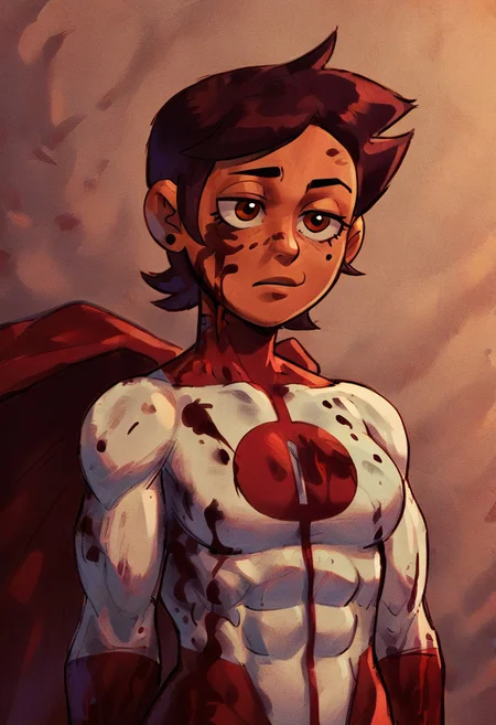 score_9, score_8_up, score_7_up 
   , masterpiece, beautiful,cold look, neutral expression, blood stain on face, blood stain on clothing,
Luz Noceda, brown hair, short hair, brown eyes, dark skin, medium breast, wide hips,
,Upper body,Omnimman,skintight suit, red O shaped chest emblem,red gloves,  red cape,  Muscle, flying, old japanese village background,