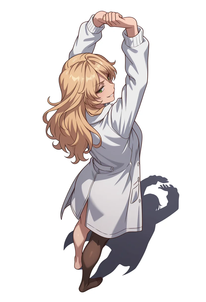Smooth Quality,masterpiece,very intricate, high quality details, ultra realistic, high detailed skin,detailed enviorement,absurdres,
simple background, white background,
from above,stretching pose, arms raised above head, one foot on tiptoe, slight back arch, elegant silhouette, ,evil grin,
<lora:Blade_cnn:0.8>bladecnn,1girl, blonde hair, green eyes, long hair,
oversized sweater, ,doctor coat, ,single leg pantyhose, ,