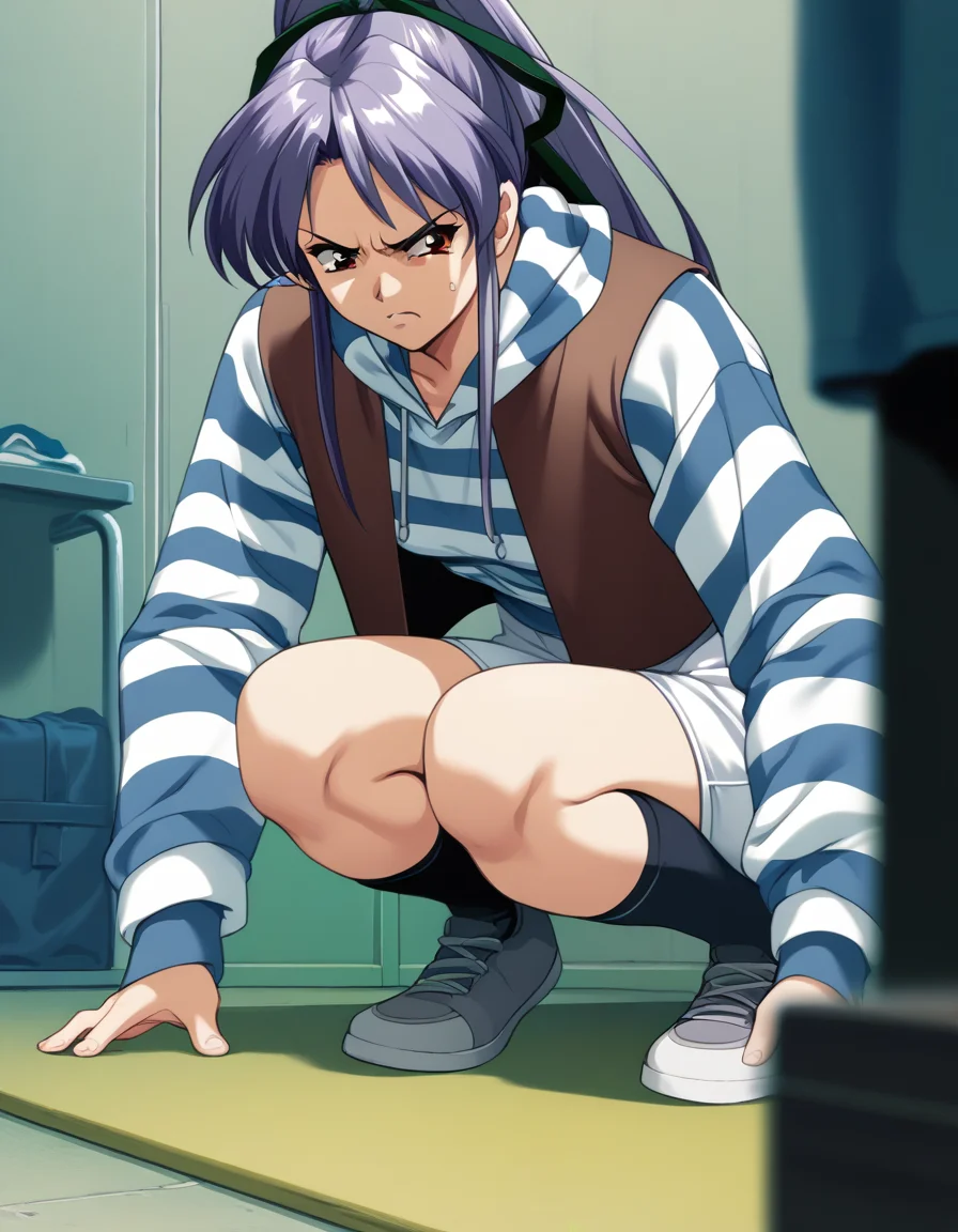 score_9, score_8_up, score_7_up
<lora:takabe-eri-ponyxl-000028:1> takabe, purple hair, hair ribbon, open vest, brown vest, striped hoodie, white hoodie, blue hoodie, white skirt,
1girl, angry, squatting, dressing room