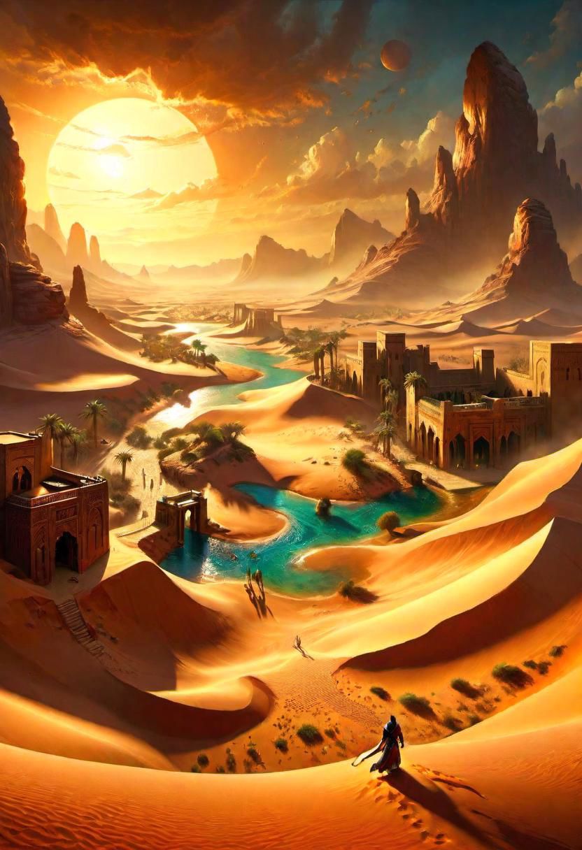 style by Prince of Persia,best-quality,<digital painting:0.75> cinematic detailed ,ultrawide-angle,ultrarealistic the sands of time atmosphere,detailed-desert-lighting,deep-oasis-colors, the sands of time epic busy colorful oasis,<OverallDetail:0.75> ultrarealistic detailed busy-desert inspired by a,<lora:XL_more_art-full:0.95>amazing rich artistic hyperdetailed ancient oasis concept art inspired by Prince of Persia: The Sands of Time