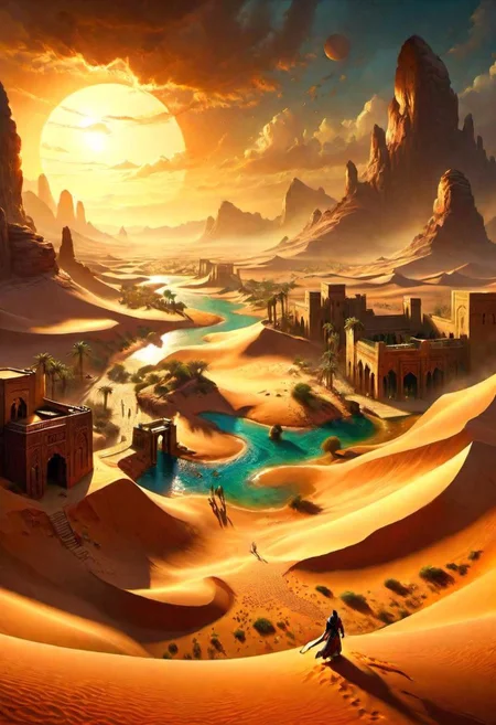 style by Prince of Persia,best-quality,<digital painting:0.75> cinematic detailed ,ultrawide-angle,ultrarealistic the sands of time atmosphere,detailed-desert-lighting,deep-oasis-colors, the sands of time epic busy colorful oasis,<OverallDetail:0.75> ultrarealistic detailed busy-desert inspired by a,<lora:XL_more_art-full:0.95>amazing rich artistic hyperdetailed ancient oasis concept art inspired by Prince of Persia: The Sands of Time