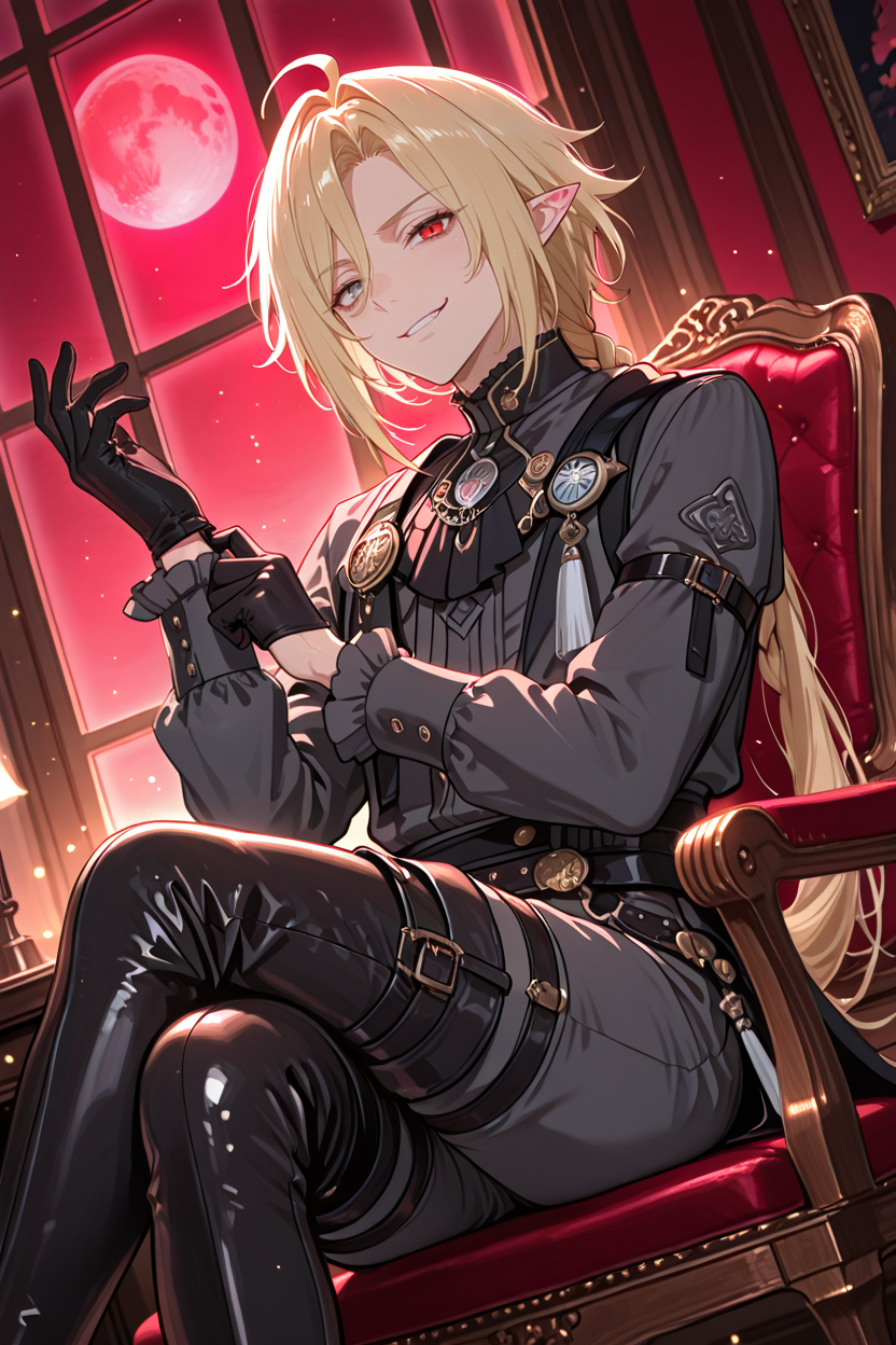 masterpiece, best quality, good quality, very aesthetic, absurdres, newest,
1boy, solo, bishounen, 
<lora:HugoVladIllustriousV2:1> hugovlad, long hair, blonde hair, hair between eyes, low ponytail, ahoge, heterochromia, grey eyes, red eyes, pointy ears, mole under eye, multiple moles, braided ponytail,
boots ,frilled sleeves ,frills, (thigh boots:1.2) , pants, long sleeves ,male focus,
smirk, black gloves, adjusting gloves,
sitting, crossed legs, indoors, window, red moon, on chair, lens flare, dutch angle, light rays,
<lora:Bright_style:0.3> Bright_illu,sparkle,too many light particles, <lora:XXX477:0.5> xxx667_illu, glowing, (glitch:0.5) <lora:MoriiMee_Gothic_Niji_Style_Illustrious_r1:0.8> artist:moriimee